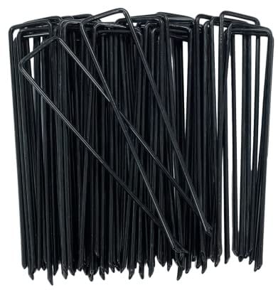 VIROSA Pack of 100 Black Garden Pegs, 6''/150mm, Stakes, Landscape Staples, U Shaped Nail Pins | Galvanised Steel | Ideal for Weed Control Membrane, Netting Fence, Landscape Fabric, Artificial Grass