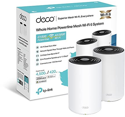 TP-Link Deco PX50 AX3000 + G1500 Whole Home Powerline Mesh Wi-Fi 6 System, Dual-Band, Gigabit Ports, AI-Driven Mesh, cover up to 4,500 ft2, Connect up to 150 devices,1.0 GHz CPU, HomeShield, Pack of 2