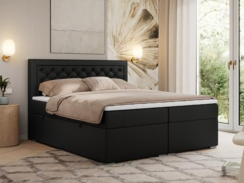 MKS MEBLE Boxspringbett 200x200 mit Bettkasten, Polsterbett mit Matratze H4 Topper, Bett mit Kopfteil - Schwarz Kunstleder - H4 - Jasir