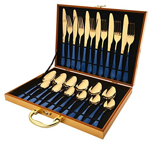 Cutlery Set Stainless Steel 24Pcs Dinnerware Knife Fork Coffee Spoon Dinner Flatware Gift Box Set Blue Gold