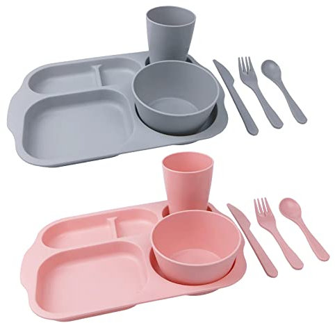 Greenandlife 12 Pcs Reusable Plastic Plates and Bowls Set for Kids Plate, Bowl, Cup, Fork, Spoon, Knife,Microwave & Dishwasher Safe (Pink+Grey)