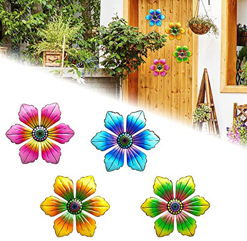 PEALOVCOM Metall Blumen Wandtattoo, 4 Stück 3D Blumenform Wandkunst Metall Gänseblümchen Dekorationen für Außenbereich, Garten, Wohnzimmer, Schlafzimmer- 18x18 cm