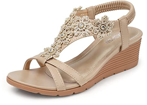 TEMOFON Women's Low Wedge Heels Summer Dressy Platform Sandals Nude
