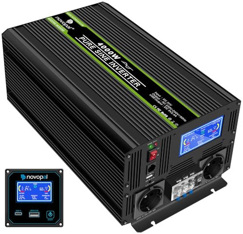 NOVOPAL Convertisseur Pur Sinus 4000W Onduleur Convertisseur 24V 220V 230V avec télécommande et Dual AC Prises et écran LCD,pour Voiture, Caravane, Bateau, Camping, Voyage