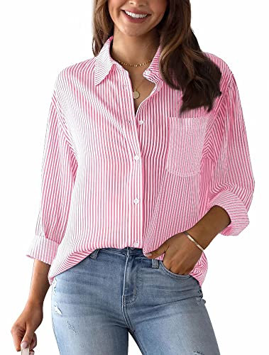 Panegy Chemisier rayé à manches longues et col en V élégant pour femme - Chemises boutonnées - Tunique élégante - Chemisier de travail en coton décontracté, rose, L