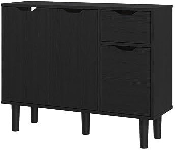 Panana Sideboard Living Room Storage Cabinet with 2 Doors 2 Drawers Wooden Side Cabinet (Black)