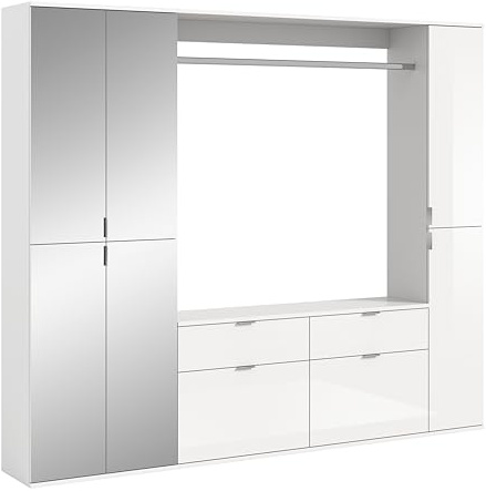 xonox.home - 3tlg. Kombination Projekt X 212x193x34 cm in Front weiß Hochglanz/Spiegel Korpus weiß Nb - Garderobe Ankleidezimmer Schranklösung Büro Ordnungssystem - vielseitig und modern