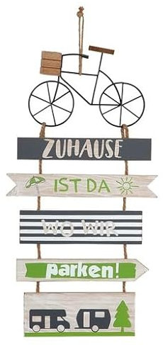 Schild Hänger Wegweiser Camping grau/grün/weiß, Fahrrad aus Metall/MDF