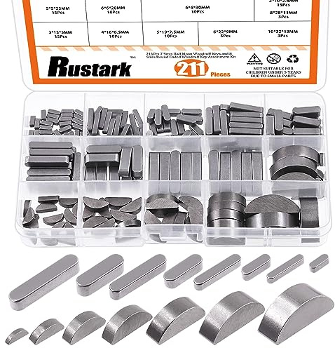 Rustark 211Pcs 2 Styles Metric Key Stock & Woodruff Key Assortment Kit Half Moon Semicircle Bond Key Flywheel Key Round Ended Feather Key Parallel Drive Shaft Keys Assortment for Mechanical Industry