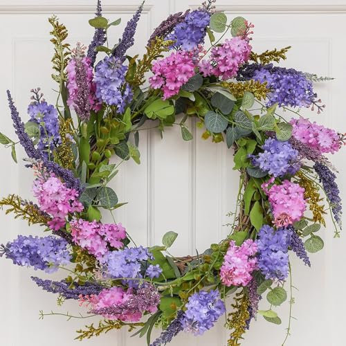 Hometrance Spring Wreaths for Front Door with Lavender and Lilac, 20 Inch Outdoor Summer Wreath, Farmhouse Indoor Decor, Purple Floral Wreath for Wedding Home Wall Window Porch