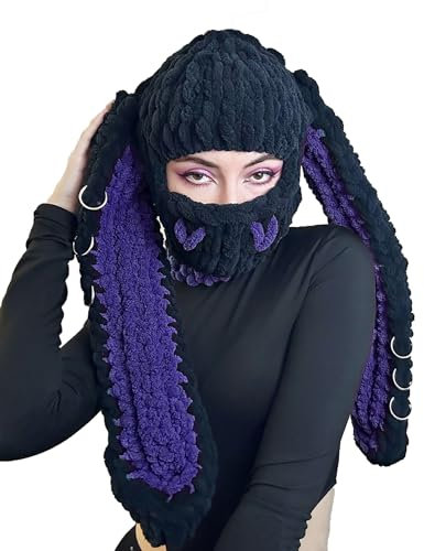 LingXuanGe Bunny Ear Beanie Kaninchen Ohren Kappe Frauen Stricken Häkeln Hut für Frauen Flauschige Mütze, Schwarz/Violett, One Size