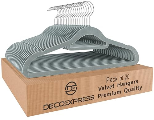 DecoExpress Perchas de Terciopelo, Pack de Perchas Antideslizantes Ahorradoras de Espacio para Ropa (Gris, 20 Pack)