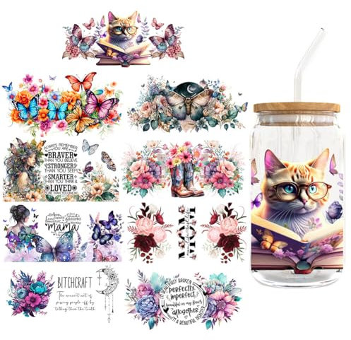 UV DTF Tasse Wrap Transfer Sticker,Asudaro 9Blätter Rub on Sticker Aesthetic Wasserdicht Floral Theme Transfer Sticker Transferfolie für 16oz Glasbecher Glas Tassen Dekor Pflanze Aufkleber 9 Stück