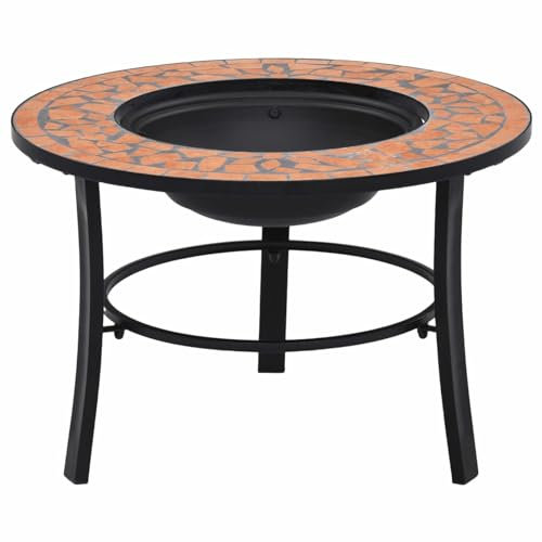 Gecheer Mosaik-Feuerstelle Multifunktional Feuerschale 68 x 68 x 45 cm,Gitterdesign,Feuerstelle Fire Pit Grillstelle Feuerkorb Mit Dreibeinständer für BBQ, Heizung,Garten,Stahl und Keramik