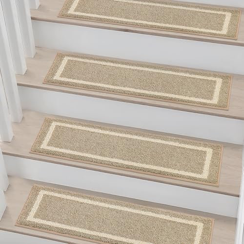 COSY HOMEER Carpet Stair Treads 15pcs Set, Non-Slip Indoor Carpet Treads for Stairs for Kids Elders and Dogs, 100% Polyester Quick Peel Self-adhesive Stair Runner Rug Pads, 22 x 70cm, Beige