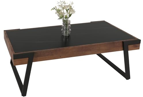 Mendler Couchtisch HWC-L89 43x120x64cm, schwarz Dunkelbraun | Sofatisch, Wohnzimmertisch, Eisen, Sinterstein, Marmor-Optik, Holz