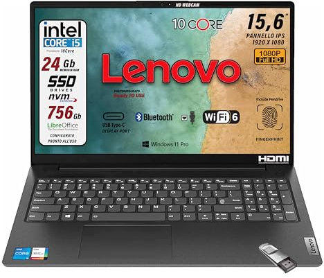 Lenovo, pc portatile, i5 12450H 8 Core, Ram DDR5 16Gb, Display IPS FHD 15,6, SSD 256Gb, Wi-Fi, Bt, USB, Thunderbolt, Tastiera retroilluminata, fingeprint integrato, Win11 Pro, Pronto all'Uso