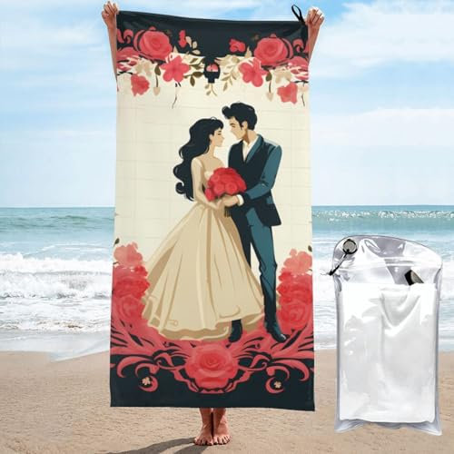Dwrepo Strandtuch, sandfrei, schnell trocknend, Mikrofaser, übergroß, Just Married, Reisehandtuch, 79,5 x 140 cm, saugfähiges Badetuch, kompakte Handtuch, Decke für Damen und Herren, Camping,