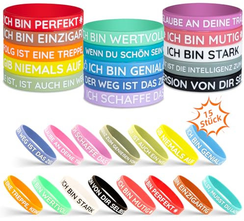 TUZELIYA 15 Stück Motivationsarmbänder auf Deutsch - 20,5 cm Inspirierende Silikon Armbänder mit 15 Stile Positiven Sprüchen - Motivierendes Silikonarmband - Mitgebsel Geschenke für Kinder Kollegen