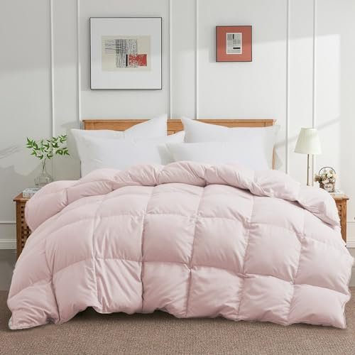 Daunendecke, Queen-Size-Größe, Ganzjahresdecke, ultraweich, weiße Gänsedaunenfüllung und Federfaserbezug, Luxushotel-Bettdecke mit Ecklaschen, 224 x 224 cm, Rosa