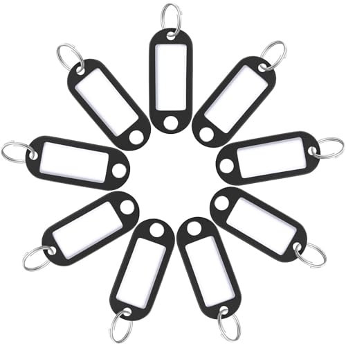 Uniclife 10 Stück Schlüsselanhänger 5 cm Weichplastik-Schlüsselanhänger mit Blanko-Papier-Etiketten Klare Fensterschutzfolien und Geteilte Ringe Flexible Artikelkennzeichnung, Schwarz