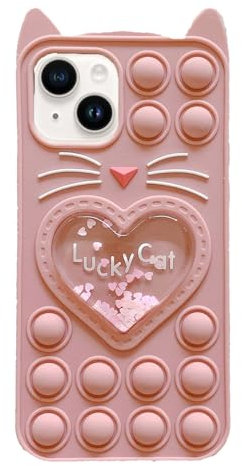 Asgens Fidget Phone Case for iPhone 13/14, Cartoon Lucky Pop Pink Cat Quicksand Bling Stars Push Bubbles Shockproof Silicone Soft Case for Apple iPhone 13/14 6.1 inch