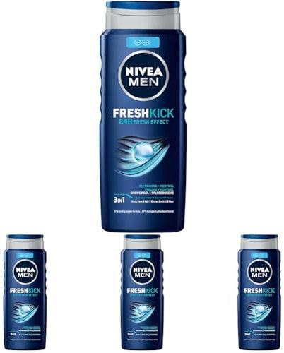 NIVEA MEN Fresh Kick Pflegedusche, pH-hautneutrales Duschgel mit kühlendem Menthol, erfrischendes Männer Duschgel für Körper, Gesicht und Haar (500 ml) (Packung mit 4)