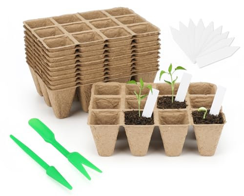 KINGLAKE 15 Pack 180 Cells Seed Trays Seedling Pots Biodegradable Plant Pots Fibre Seed Pots, Plant Germination Module Trays Kits with 100 Plant Labels, Transplanting Widger and Dibber