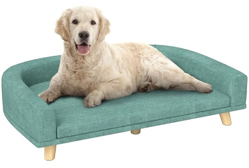 PawHut Hundesofa, Hundebett, Hundesessel mit Erhöhtem Design, Hundecouch mit Holzbeine, Haustiersofa mit Kissen, Katzensofa für große Hunde, 98 x 67 x 25 cm, Grün