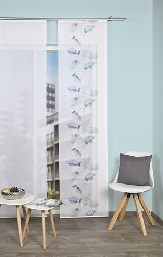Schiebevorhang Vorhang in Bambus Optik mit Digitaldruck mit Muster Gardine Fensterschal Flächenvorhang Schiebegardine in Weiss kürzbar 60 x 260 cm Design in Blau/Grün