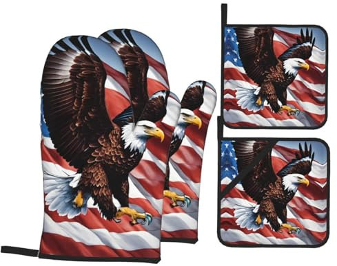 Eagle with USA Flag Print Personality Oven Mitts Pot Holders Set of 4 for Chef Baking Cooking Grilling