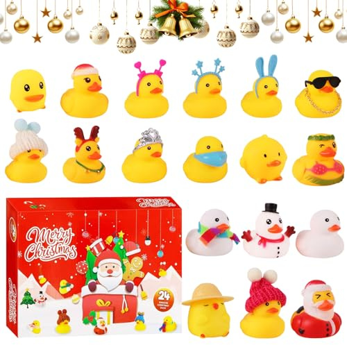 KOMEIYL Gummiente Adventskalender 2025, Rubber Duck 24 Days of Countdown Christmas, Weihnachtskalernder Ente, Rubber Quietscheentchen, Gilt Eine Hübsche Ornamente Ergänzung Schreibtisch