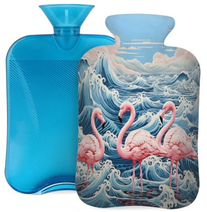 Mexpekil Wärmflasche mit weichem Flanellbezug, 2 l, großer Wärmbeutel zur Schmerzlinderung, warme Hände, Füße und Körper, ideales Geschenk für Erwachsene und Kinder (Flamingo-Welle)