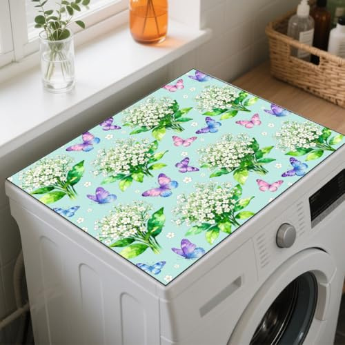 GLOBLELAND Gypsophila Washer Dryer Dust Cover 23.6×19.69inch Flowers Butterflies Washing Machine Top Protector Pads Non Slip Washing Machine Top Covers for Laundry Room Table Coffee Machine Placemat