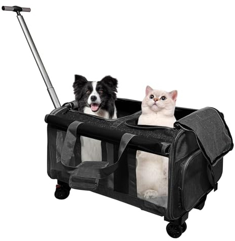 Umelee Transportbox für 2 Katzen/Hunde, mit 2 Fächern + Rädern + Teleskopgriff, Faltbare Große Katzentransportbox bis 20 kg, Ideal für Tierarztbesuche, Autofahrten (Schwarz)