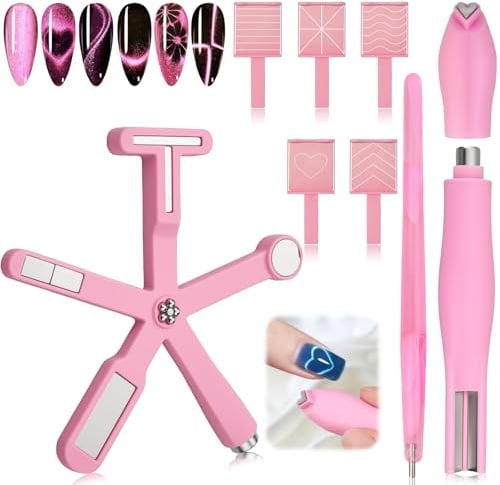 Cat Eye Magnet Set, Multifunktionales Nageldesign Zubehör mit Herz Magnetstift und 6 in 1 Magnet Nagellack Werkzeug für kreatives Cat Eye Nail Art (Pink)