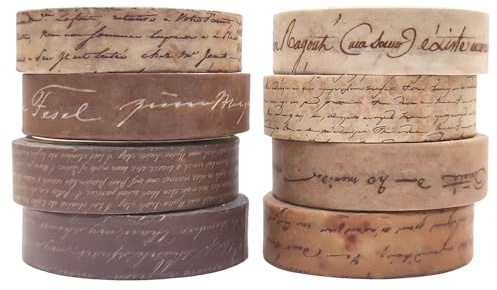 XETHI Lot de 8 Rouleaux Washi Tape Vintage Esthétique | Ruban Adhésif Décoratif Masquage Fin 1cm à Motifs Antiques pour Scrapbooking, Création de Cartes et Projets d'art (Texte Manuscrit)
