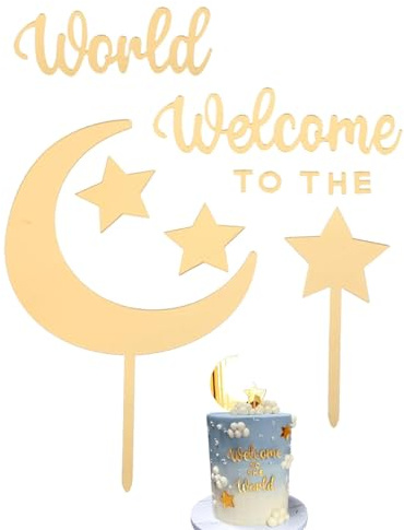 HZAOPZE 1 Satz Acryl Mond Stern Kuchen Toppers, torten deko,gespiegelt Twink Kuchen Dekoration Welcome To The World Twink Star Kuchendekoration für Babyshower Geburtstag Party Supplies