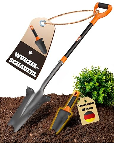 Wurzelspaten mit [Sägezahn Handschaufel] im Set | Spaten mit Wurzelsäge und Blumenkelle für das einfache Graben im Garten | vereinfacht die Gartenarbeit bei harten Böden und in Blumenbeeten