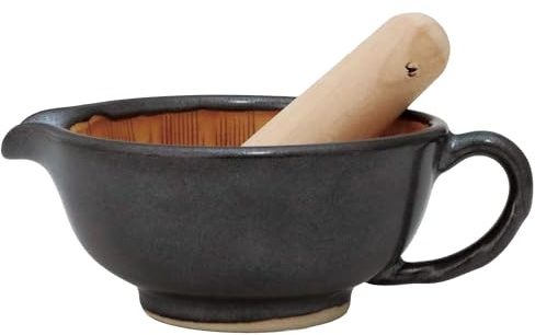 SASUGA Mortier et pilon japonais Suribachi – Bol de broyage traditionnel en céramique avec pilon en bois pour sauces, sésame, épices et herbes (noir)