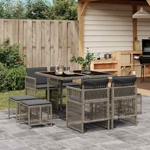 zylophax 9-TLG. Garten-Essgruppe Grau Poly Rattan mit Kissen, wetterfestes Gartenmöbel Set für Terrasse Balkon, platzsparende Sitzgruppe Outdoor mit Glas-Tischplatte