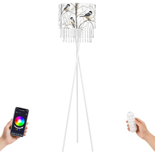 Star Vision Smart Tripod Floor Lamp with Coal Tit Bird Fabric Shade & Acrylic Droplets, Dimmable E27 LED Bulb Included, App & Voice Controlled Standing Light, Works with Alexa & Google