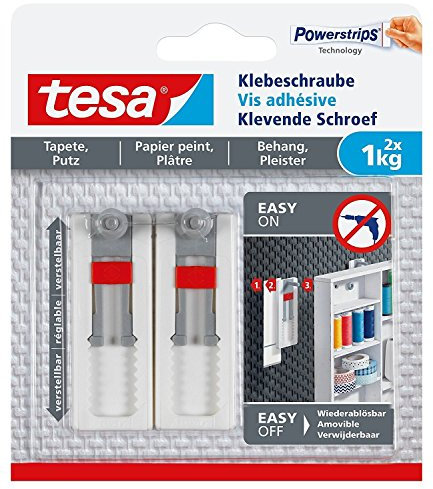tesa® Verstellbare Klebeschraube für Tapeten und Putz, Haltekraft bis zu 1kg (6 Packungen = 12 Schrauben)