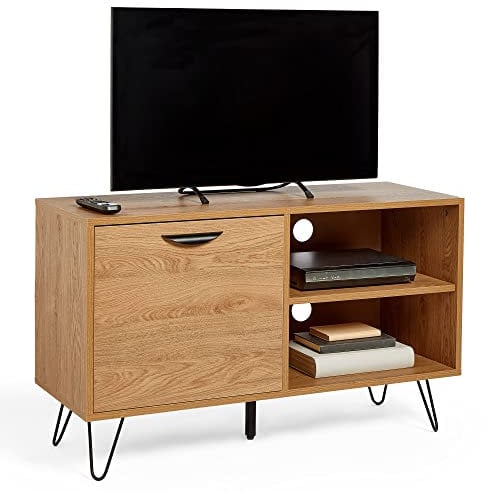 VonHaus TV Units for Living Room - Oak Wood Effect TV Stand Cabinet - For TV's up to 55 - TV Entertainment Unit with Storage Cupboard, Shelves & Hairpin Legs - 35kg Capacity - For Lounge - Capri