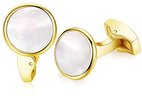 HONEY BEAR Herren Weiß Perle Schale Stein/Schwarz Achat Onyx Manschettenknöpfe Cufflinks Edelstahl Manschettenknopf für Hemd, Hochzeit Geschäft Geschenk (Gold + Weiße Muschel)