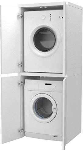 Ve.Ca. Mobile colonna con ante Coprilavatrice in legno, copri lavatrice/asciugatrice, diversi colori, anche su misura, lavanderia bagno (Bianco frassinato)