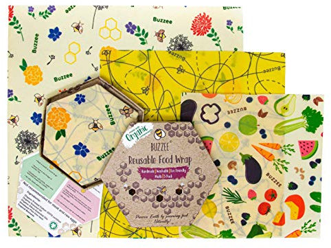 Buzzee Reusable Food Wraps - Multi 3 Pack Assorted Prints - Plastic Free Organic Cotton Beeswax Food Storage