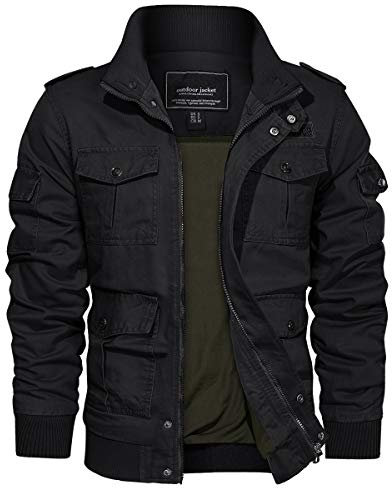 EKLENTSON Men's Casual Cargo Military Jacket 7 Pockets Autumn Cotton Windbreaker Fishing Coat Black,XL