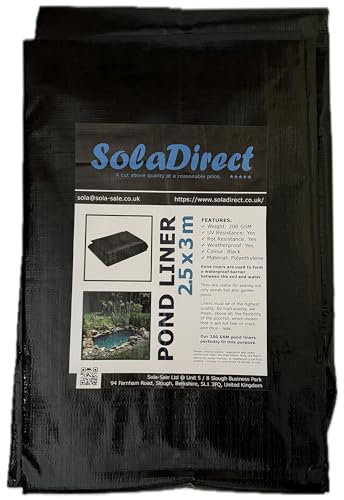 SolaDirect Pond Liner - 2.5 x 3 m / 8 x 9.5 ft - Perfect for Garden Ponds, Water Features, Koi & Fish Pools, Wildlife - Heavy Duty HDPE Material - UV and Tear Resistant, Flexible