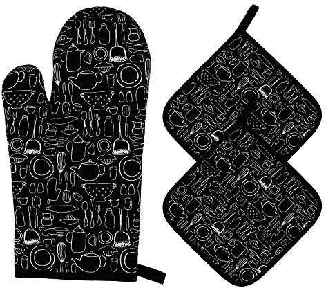 Guantes de Horno Guantes de Cocina de Algodón Resistentes al Calor Guantes de Horno Microondas para Barbacoa, Cocinar, Hornear, 1 Manopla de Horno + 2 Manteles Individuales Aislados (Negro)